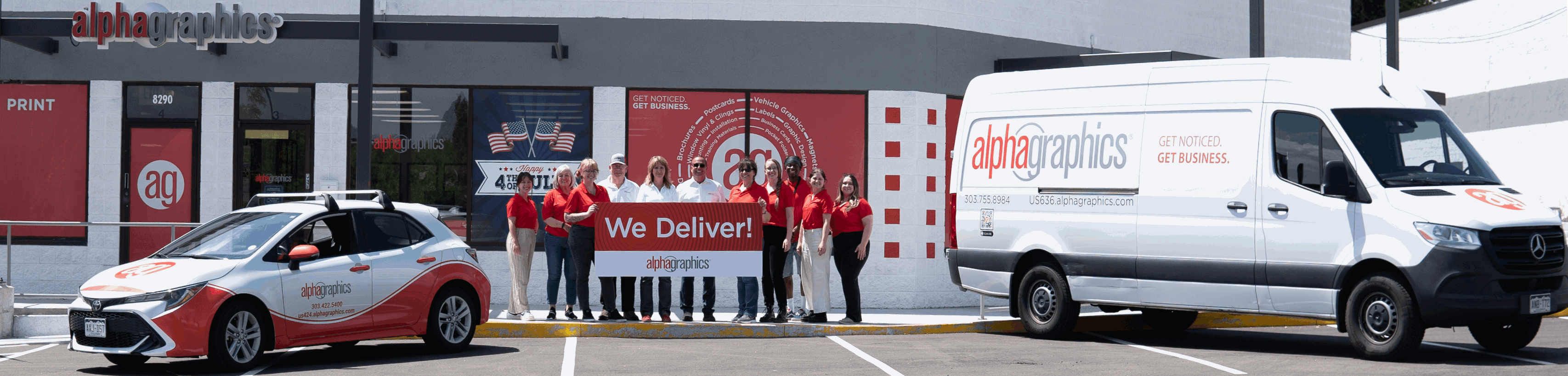 AG Arvada team with We Deliver sign, branded van and Toyota Corolla in parking lot