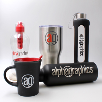 Variety of cups with AG logo on them 