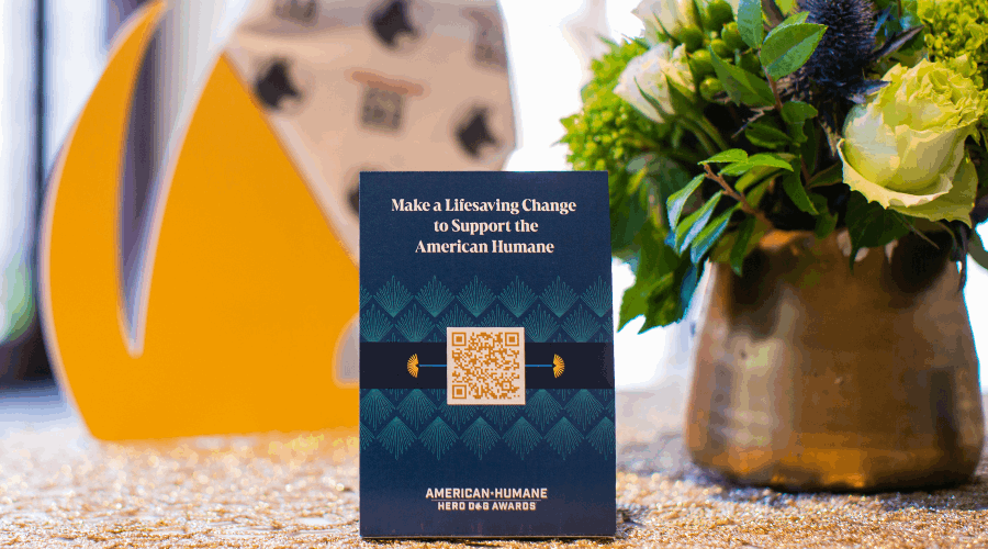 Printed table tent sitting in front of promotional dog bandana and flowers 900x500.png